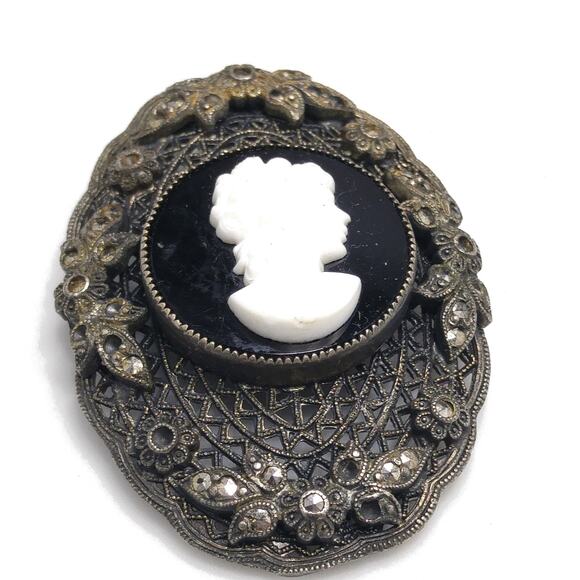 Vintage Antique Glass Cameo Marcasite Brooch, Oval Filigree Back, 2 1/2 Inches - Picture 8 of 10